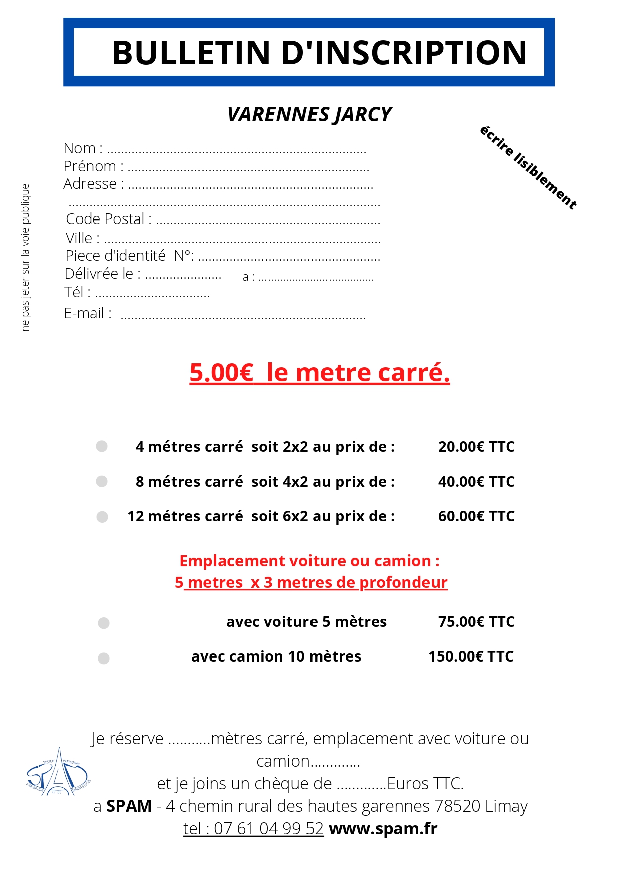 Bulletin d'inscription pour le vide grenier du 13/09/2026 à Varennes-Jarcy